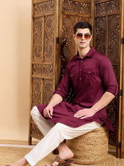 Maroon Roll-Up Sleeves Pathani Kurta With Pyjama
