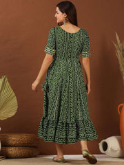 Green Bandhini Printed Cotton Tie Up Lace Fit & Flare Midi Ethnic Dress