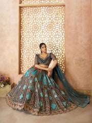 Blue Aari embroidered benarasi lehenga for Brides
