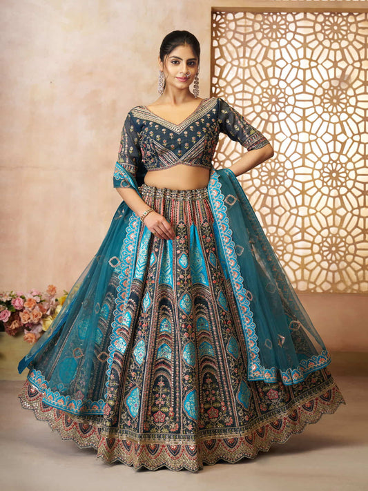 Blue Aari embroidered benarasi lehenga for Brides