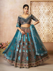 Blue Aari embroidered benarasi lehenga for Brides