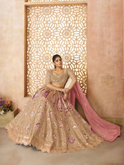 champagn-chiku color Aari embroidered benarasi lehenga for Brides
