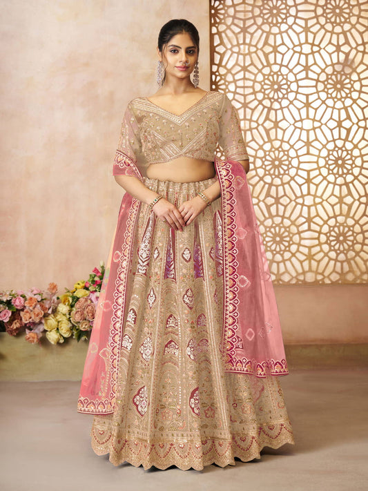 champagn-chiku color Aari embroidered benarasi lehenga for Brides