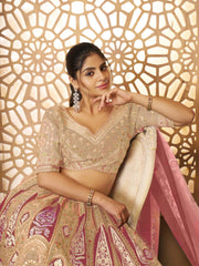 champagn-chiku color Aari embroidered benarasi lehenga for Brides
