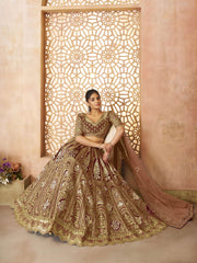 treanding Mocha-Coffee color Aari embroidered benarasi lehenga for Brides