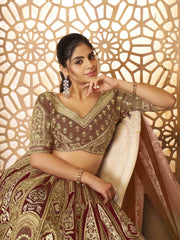 treanding Mocha-Coffee color Aari embroidered benarasi lehenga for Brides