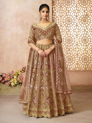 treanding Mocha-Coffee color Aari embroidered benarasi lehenga for Brides