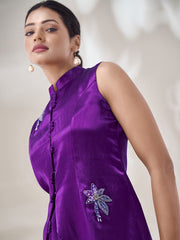 Mandarin Collar Sleeveless Embellished Pure Silk Top