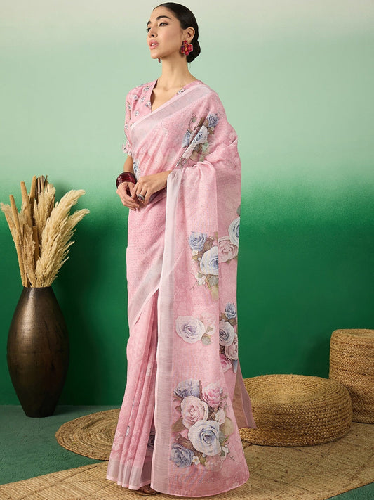 Pink Floral Printed Saree With Blouse Piece