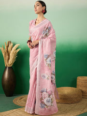 Pink Floral Printed Saree With Blouse Piece