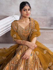 Earthy Mustard Color bridal lehenga with Patch and aari -Work Semi Stitched Lehenga Choli