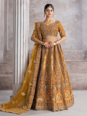 Earthy Mustard Color bridal lehenga with Patch and aari -Work Semi Stitched Lehenga Choli