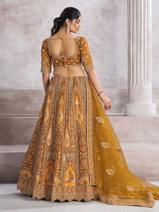 Earthy Mustard Color bridal lehenga with Patch and aari -Work Semi Stitched Lehenga Choli