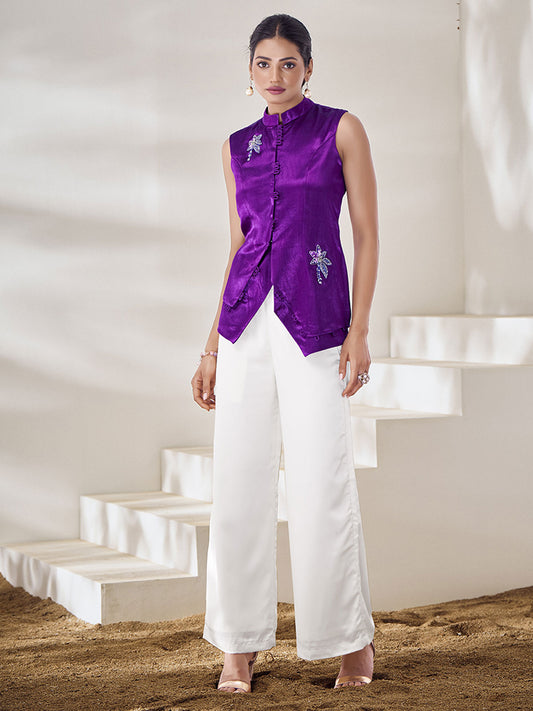 Mandarin Collar Sleeveless Embellished Pure Silk Top