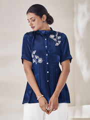 Solid Mandarin Collar Pure Silk Embroidered Top