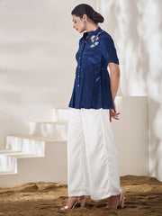 Solid Mandarin Collar Pure Silk Embroidered Top