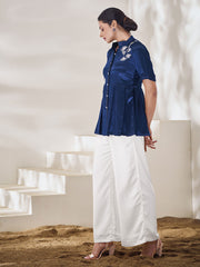 Solid Mandarin Collar Pure Silk Embroidered Top