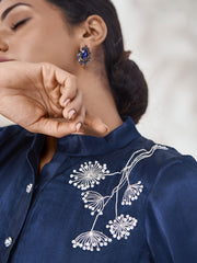 Solid Mandarin Collar Pure Silk Embroidered Top