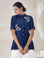 Solid Mandarin Collar Pure Silk Embroidered Top