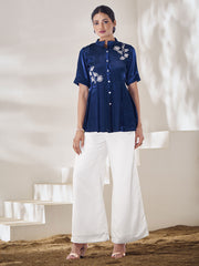 Solid Mandarin Collar Pure Silk Embroidered Top