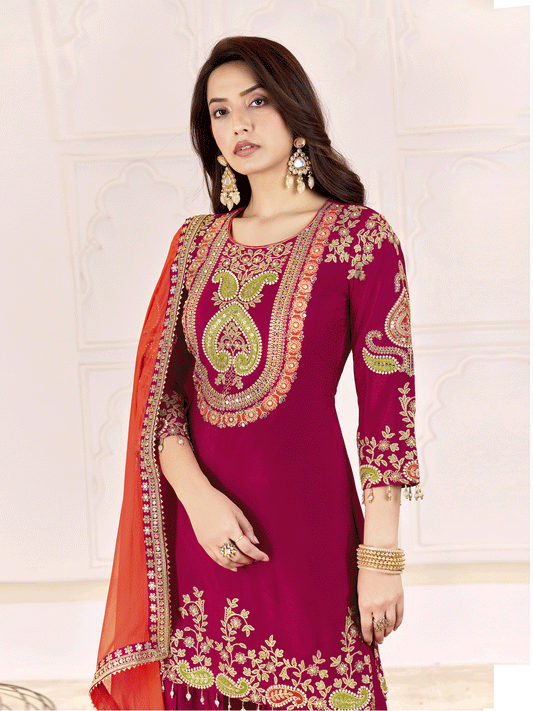 Traditional Embroidered Pink Ceremonial Palazzo Suit