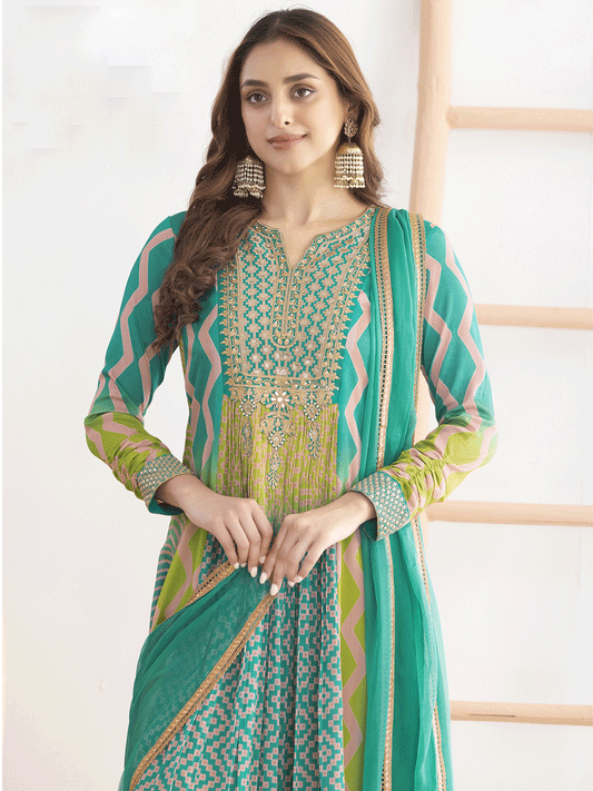 Blue and lime green dabka dori and resham digital print work chinnon anarkali suit