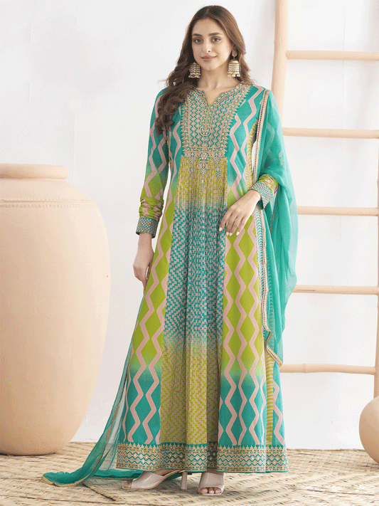 Blue and lime green dabka dori and resham digital print work chinnon anarkali suit