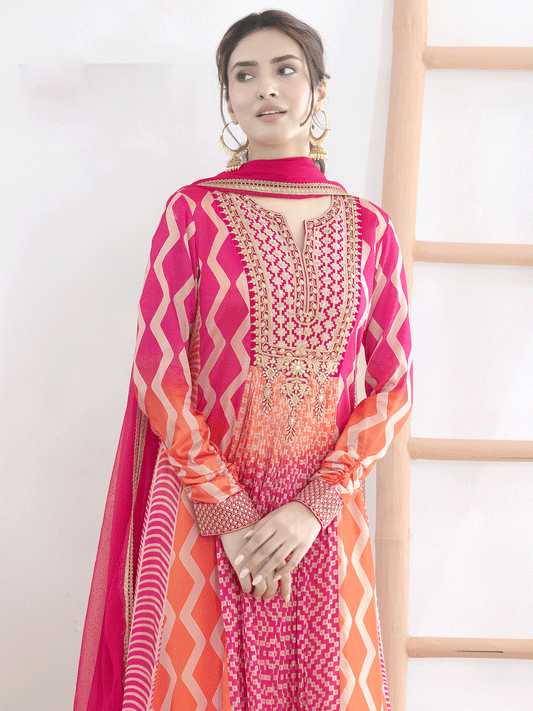 Embroidered Chinon Chiffon Abaya Style Suit in Pink and Orange