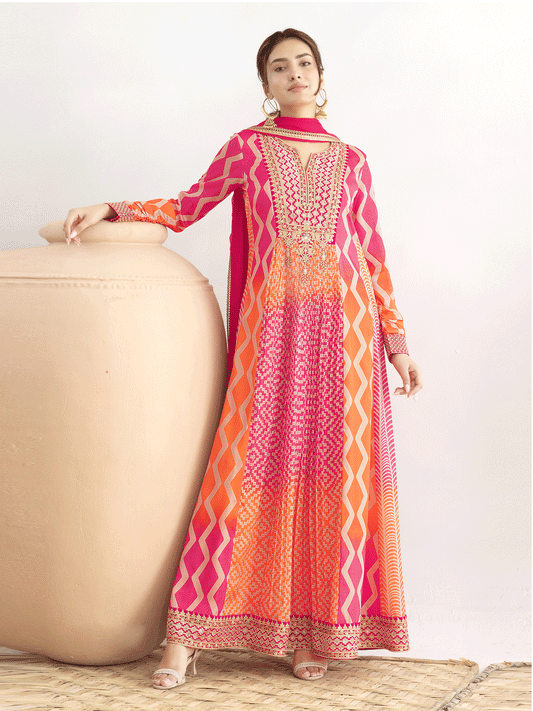 Embroidered Chinon Chiffon Abaya Style Suit in Pink and Orange