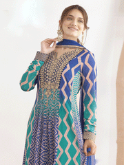 Sky Blue and Navy Blue Dabka Dori and Resham Digital Print Work Chinnon Anarkali Suit