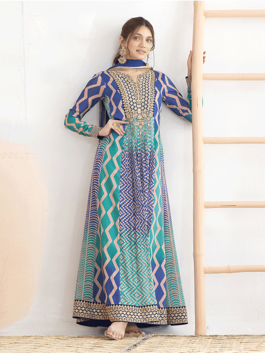 Sky Blue and Navy Blue Dabka Dori and Resham Digital Print Work Chinnon Anarkali Suit