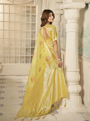 Yellow And Gold-Toned Woven Design Zari Saree