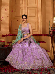 Lavender Satin Silk Fabric Sequins embroidery Semi-Stitched Lehenga & Unstitched Blouse With Dupatta