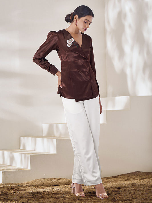 V-Neck Embroidered Pure Silk Top