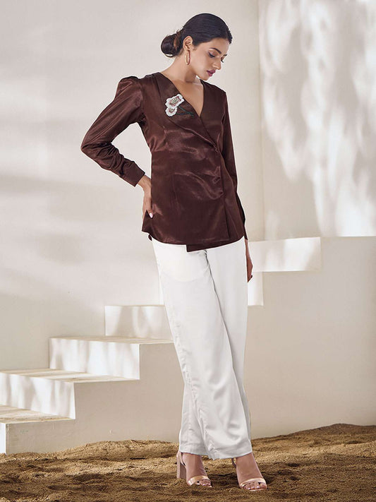 V-Neck Embroidered Pure Silk Top