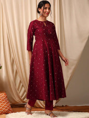 Maroon Ethnic Motifs Printed Tie-Up Neck Anarkali Kurta