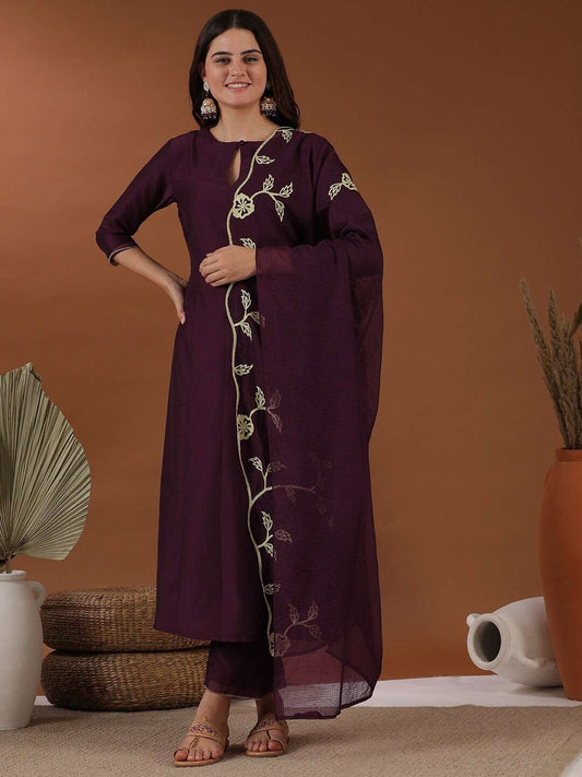 Mauve Floral Thread Embroidered Straight Kurta With Trouser & Dupatta
