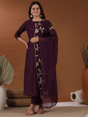 Mauve Floral Thread Embroidered Straight Kurta With Trouser & Dupatta