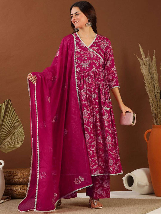 Red V Neck Gotta Patti Floral Printed Angrakha Gotta Patti Kurta with Palazzo & Dupatta