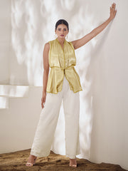 V-Neck Pure Silk Cinched Waist Embellished Top