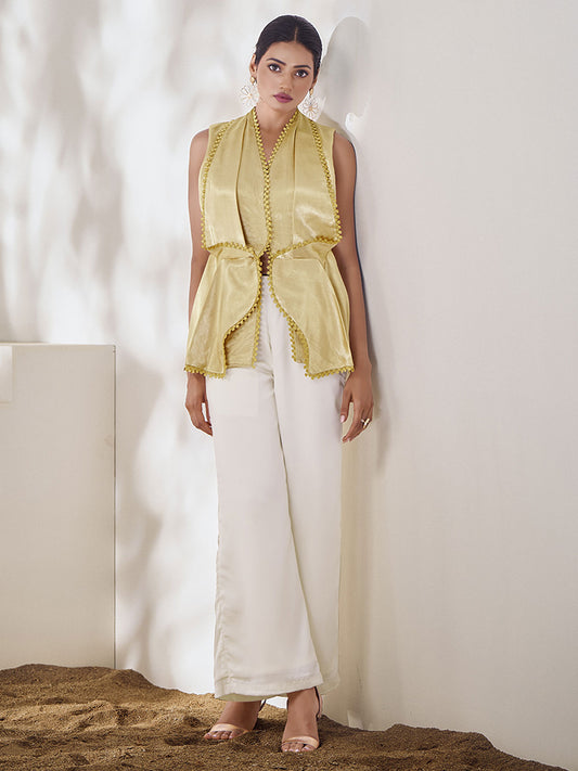 V-Neck Pure Silk Cinched Waist Embellished Top