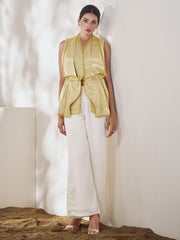 V-Neck Pure Silk Cinched Waist Embellished Top