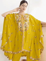 Yellow Floral Embroidered Kaftan Style Dress