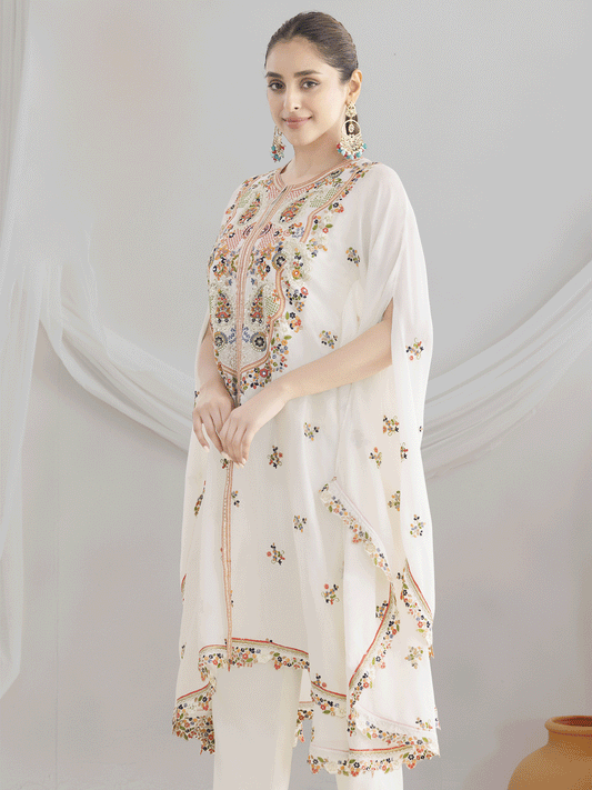White Floral Embroidered Kaftan Style Dress
