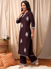 Women Burgundy Floral Embroidered Regular Thread Work Kurta with Palazzos