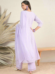 Women Lavender Floral Embroidered Regular Thread Work Kurta with Palazzos & With Dupatta