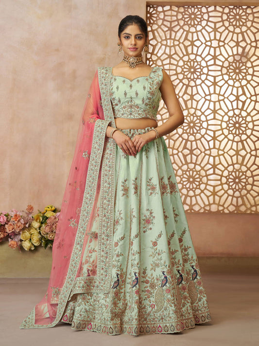 Surprising Green Zari Weaving Silk Wedding Lehenga Choli With Dupatta