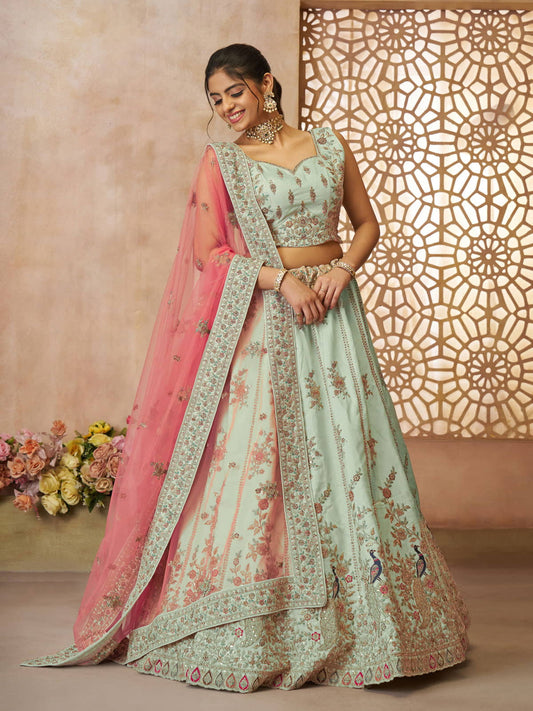 Surprising Green Zari Weaving Silk Wedding Lehenga Choli With Dupatta