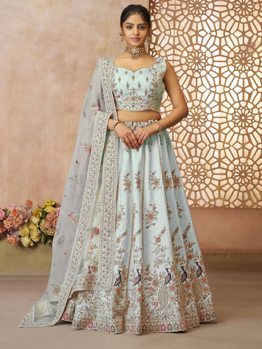 Beautiful Sky blue Color Sequins Chinon Reception Wear Lehenga Choli