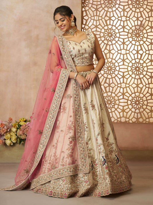 White modern zari silk Fabric with Sequinse and Thread embroidery Semi-Stitched Lehenga choli and Dupatta